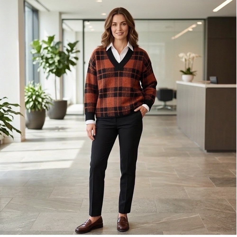 NWT Workshop Republic Clothing Wool Blend Plaid V-Neck Sweater Black Rust S/P